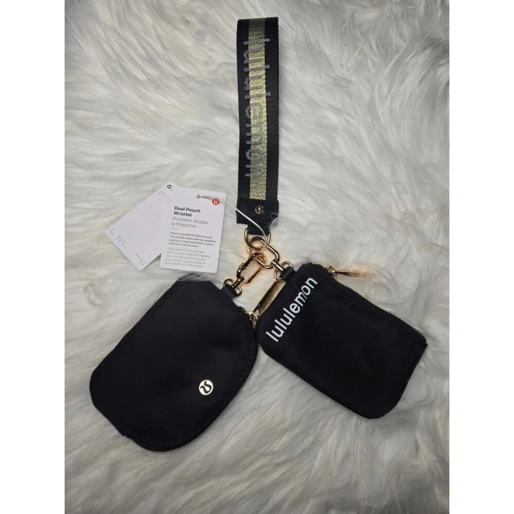 NEW Lululemon Dual Pouch Wristlet Wallet Accessory Keychain Bag Black Gold
